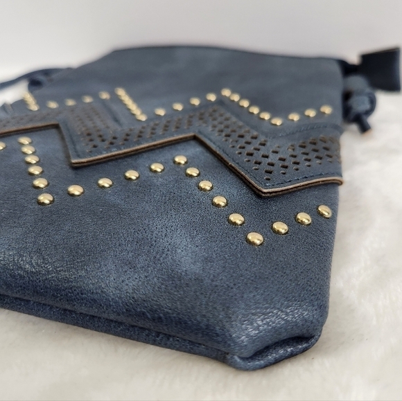 Boutique Blue Faux Leather Zig Zag Gold Embellished Crossbody Bag Purse - Picture 8 of 12